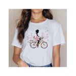 Tricou Dama Alb "Flower Bicycle" Engros