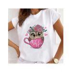 Tricou Dama Alb "Pink Coffee Owl" Engros