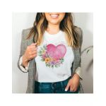 Tricou Dama Alb "Pink Heart Flowers" Engros