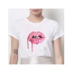 Tricou Dama Alb "Pink Lips" Engros