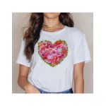 Tricou Dama Alb "Red And Pink Flowers Heart" Engros