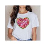 Tricou Dama Alb "Red And Pink Flowers Heart" Engros