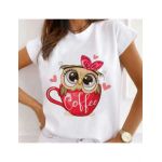 Tricou Dama Alb "Red coffee owl" Engros