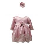 Rochie botez en-gros, cu maneca lunga, model Regina, culoare roz prafuit
