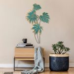 Decoratiune de perete, Monstera, Metal, Dimensiune: 66 x 111 cm, Turcoaz / Galben