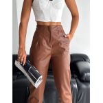 Pantaloni imitatie piele vatuiti, cu talie inalta si pense, en-gross