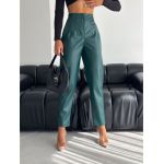 Pantaloni imitatie piele vatuiti, cu talie inalta si pense, en-gross