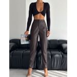Pantaloni imitatie piele vatuiti, cu talie inalta si pense, en-gross