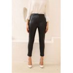 Pantaloni imitatie piele vatuiti, cu talie inalta si pense, en-gross