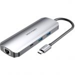 TOMHB USB-C to HDMI, USB-C, 2x USB3.0, RJ45, SD, TF, TRRS 3.5mm, PD 0.15m (Gray)