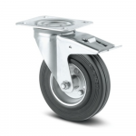 Roata pivotanta carucior, cauciuc plin, janta aluminiu, cu frana tip pedala, sarcina dinamica 135 Kg, negru/argintiu, diametru 160 mm, 200 mm