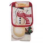 Set 3 piese pentru bucatarie Atria, model cu om de zapada, rosu-alb, 38 x 63 cm