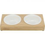 Bol Ceramic cu Suport din Bambus, 2 x 0.25 l / ø 12 cm / 30× 5 × 14 cm, Alb/Bej, 24539
