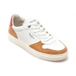 Pantofi PEPE JEANS albi, CAMDEN STREET,  din piele naturala
