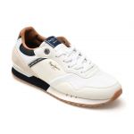 Pantofi sport PEPE JEANS albi, LONDON COURT,  din piele ecologica