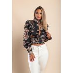 BluzÄƒ ElegantÄƒ Cu Guler ÃŽnalt È˜i MÃ¢neci ÃŽn FormÄƒ De Clopot Diezma, Negru - Auriu