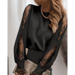 Bluza Eleganta Cu Maneca Lunga Cu Insertii Din Dantela Si Guler Rotund Senternada, Neagra