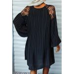Rochie Mini PlisatÄƒ ElegantÄƒ Cu MÃ¢neci Lungi Largi È˜i InserÈ›ii Din DantelÄƒ Cremona, NeagrÄƒ