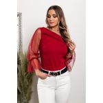 Tricou Elegant Cu Decolteu Barca Si Maneci Trasnparente Cu Buline Josefina, Visiniu