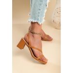 Sandale Cu Toc Patrat, Culoare Camel