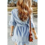 Rochie Mini Din Denim Cu Volane, Albastru Deschis