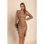 Rochie Mini Eleganta Din Piele Artificiala Cu Fanta Urania, Maro