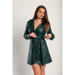 Rochie Mini Eleganta Din Piele Sintetica Cu Pliuri Pellita, Verde Inchis