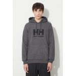 Helly Hansen hanorac de bumbac HH LOGO HOODIE bărbați, culoarea gri, cu glugă, cu imprimeu  33977