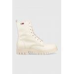 Tommy Jeans bocanci de piele Tommy Jeans Lace Up Wmns Boot femei, culoarea bej, cu toc plat
