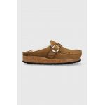 Birkenstock papuci din piele intoarsa Buckley Shearling culoarea maro