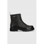 Tommy Jeans cizme de piele Tommy Jeans Zip Boot femei, culoarea negru, cu toc plat