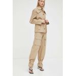 Remain pantaloni femei, culoarea bej, lat, high waist