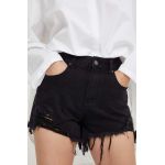 Answear Lab pantaloni scurti jeans femei, culoarea negru, neted, high waist