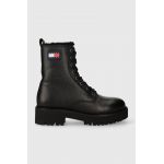 Tommy Jeans bocanci de piele TJW URBAN BOOT TUMBLED LTR WL femei, culoarea negru, cu toc plat, izolat, EN0EN02317