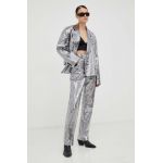 Remain pantaloni de piele femei, culoarea negru, drept, high waist
