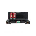 Pachet aragaz camping cu 2 ochiuri, aprindere electrica, putere 2x2.5kw, din inox cu tava gril si cutie de transportat + 4 butelii 410ml / ZTS 5619_1 Engros