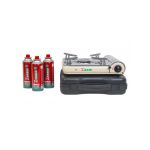 Pachet aragaz camping, din inox, aprindere electrica, putere 2.5kw, crem + 3 butelii 410ml / ZTS 5621_1 Engros