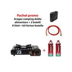 Pachet promo - Aragaz camping, aprindere automata, negru, dubla alimentare + 2 butelii 410ml + kit alimentare butelie / SET 30060 Engros