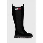 Tommy Jeans cizme TJW LONG SHAFT SUEDE BOOT femei, culoarea negru, cu toc plat, EN0EN02412