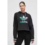 adidas Originals hanorac de bumbac femei, culoarea negru, cu glugă, cu imprimeu