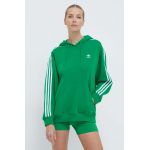 adidas Originals bluză 3-Stripes Hoodie OS femei, culoarea verde, cu glugă, cu imprimeu, IN8398