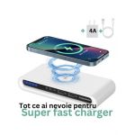 Incarcator Wireless, JML tip Statie de incarcare, Fast Charge, 15W, pentru telefon, casti, ceas, tableta, 3 porturi USB, lumini ambientale, eficienta de 75%, Alb