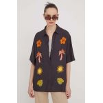 Billabong camasa femei, culoarea negru, cu guler clasic, relaxed