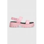 HUGO sandale de piele Kris femei, culoarea roz, cu platforma, 50517374