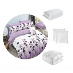 Pachet 1 Lenjerie de pat finet 6 piese, cearceaf pat clasic, Floricele Mov + 1 pilota 200x220 + 2 perne 50x70 + 2 perne 70x70