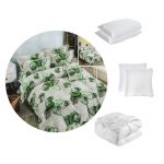 Pachet 1 Lenjerie de pat finet 6 piese, cearceaf pat clasic, Green Filo + 1 pilota 200x220 + 2 perne 50x70 + 2 perne 70x70