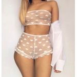 Crop top și pantaloni scurți transluzi de damă A3073 alb L