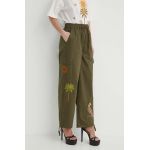 Never Fully Dressed pantaloni de bumbac culoarea verde, drept, high waist