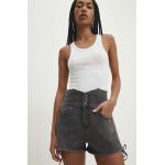 Answear Lab pantaloni scurti jeans femei, culoarea gri, neted, high waist