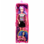 Papusa Barbie Fashionistas cu parul mov tricou multicolor si fusta neagra